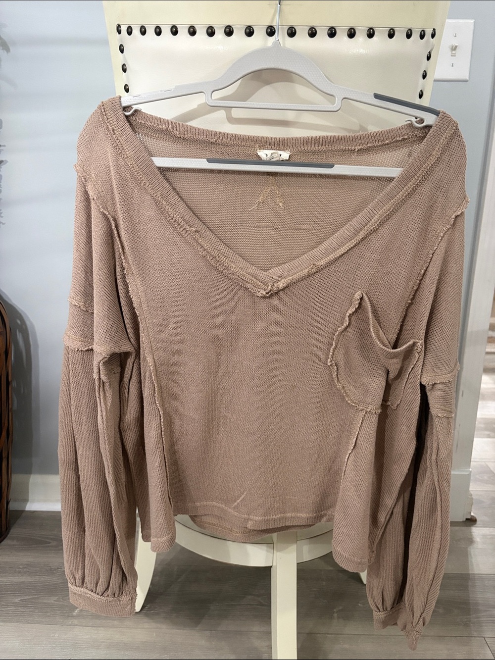 POL Distressed V-Neck Long Sleeve Top - Taupe